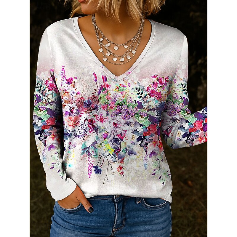 Women's T Shirt V Neck Long Sleeve Tunic Floral Graphic Plants Vintage Stylish Classic Regular Tops Daily Print Yellow Pink Purple Green Spring Fall