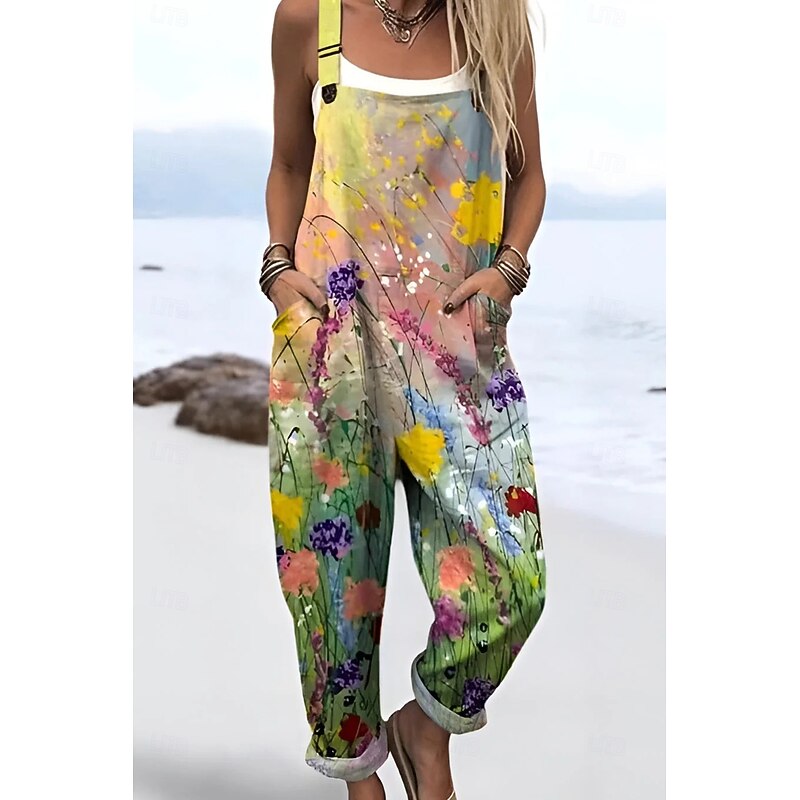 Women's Dungarees Active Floral Sleeveless Sleeveless Straight Square Neck Pocket with Pocket Vacation Daily Loose Fit Pink Purple Green Summer2