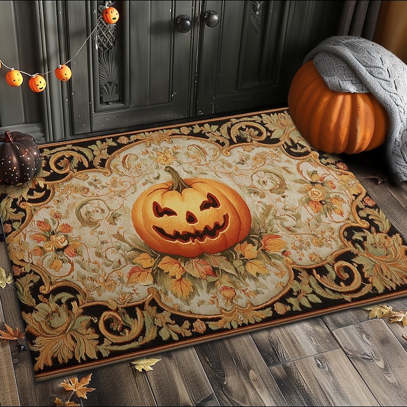 Halloween Indoor Outdoor Doormat Kitchen Mat Pumpkin Face with Ornamental Frame Design, Non-Slip Front Door Mat for Porch, Entryway, Patio, Bedroom, Bathroom and 2025 Halloween Home Decoration