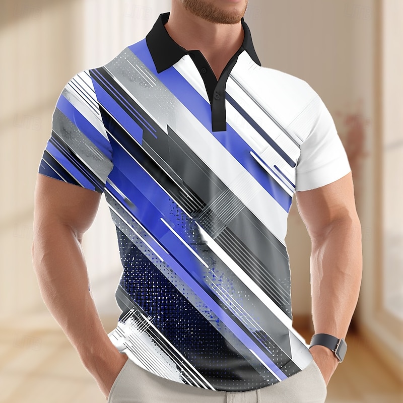Men's Abstract Geometic Polo Short Sleeve Polo Shirts Lapel Business Casual Business Athleisure 3D Print Buttons Summer Red Blue Purple