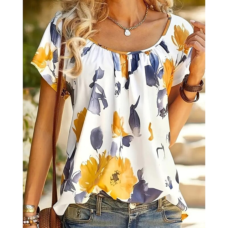 Women's T Shirt Tee Top Floral Fashion Modern Short Sleeve Crew Neck Regular Tops Daily Going out Weekend Print Yellow Red Blue Summer2