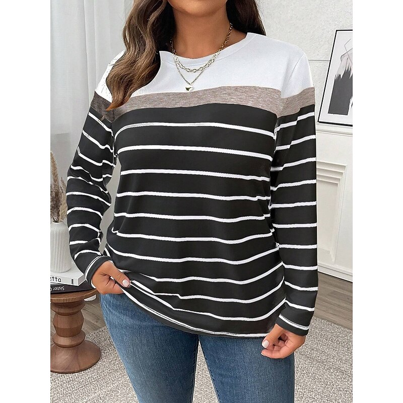 Women's Plus Size Tops T Shirt Geometry Print Long Sleeve Crew Neck Casual Daily Polyester Fall Winter Black White