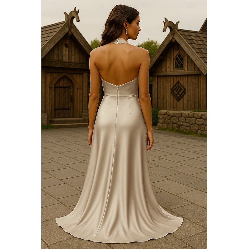 Gold Evening Gown Elegant Dress Formal Wedding Sweep / Brush Train Sleeveless Cowl Neck Satin with Ruched3