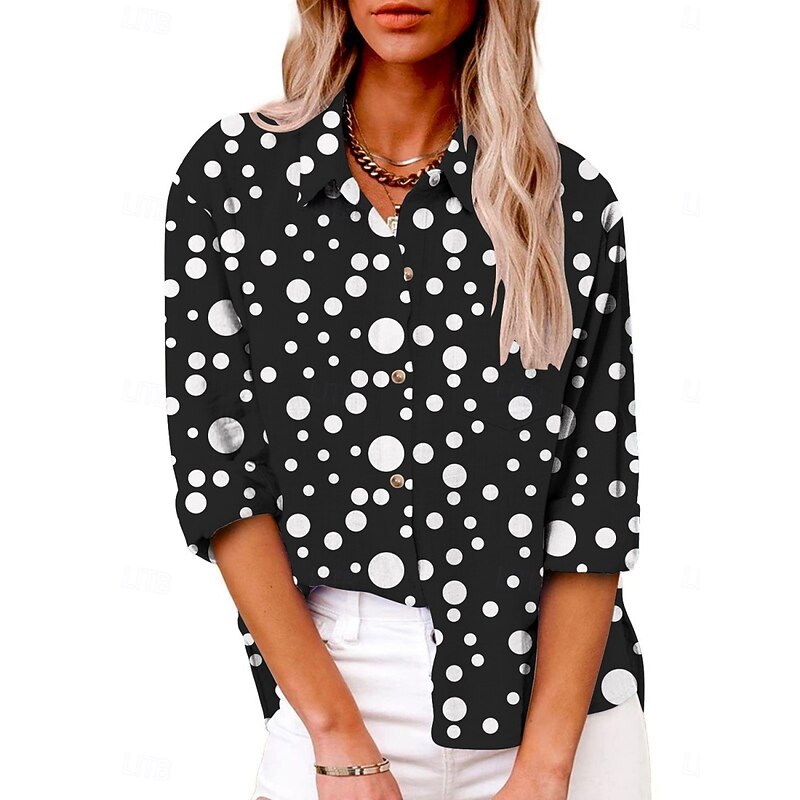 Women's Shirt Polka Dot Active Daily Stylish Long Sleeve Shirt Collar Regular Tops Daily Holiday Buttons Print Black Summer Spring Fall