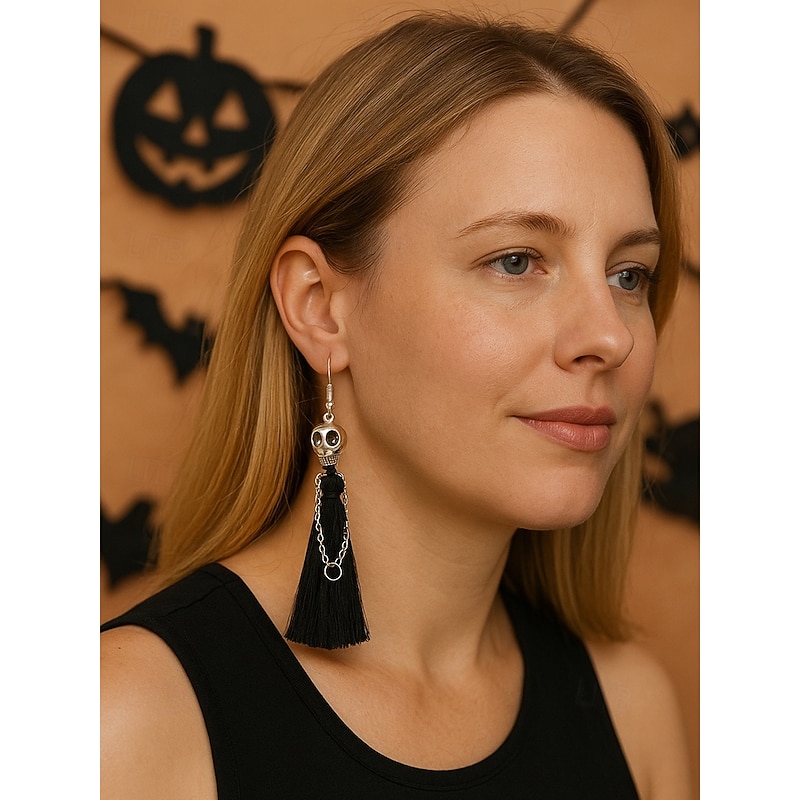 Women's Skull Tassel Drop Earrings – Gothic Dangle Chain Skeleton Jewelry for Halloween Costume Parties and Spooky Night Out3