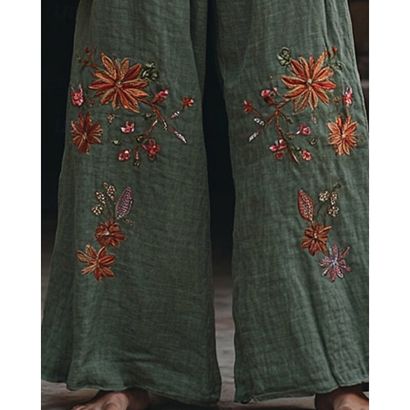 Women's Wide Leg Pants Trousers Palazzo Pants Fashion Boho Full Length High Waist Flower Elastic Waist Print Breathability Comfortable Street Daily Wear Going out Army Green Spring Fall Regular Fit3