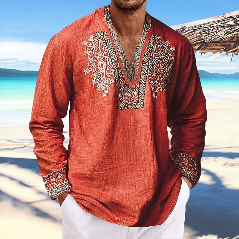 Men's Linen Shirt Popover Shirt Summer Shirt Beach Wear Vintage Shirt Ethnic Shirt Floral Vacation Casual Yellow Blue Orange Brown Long Sleeve V Neck Summer Spring Clothing Apparel