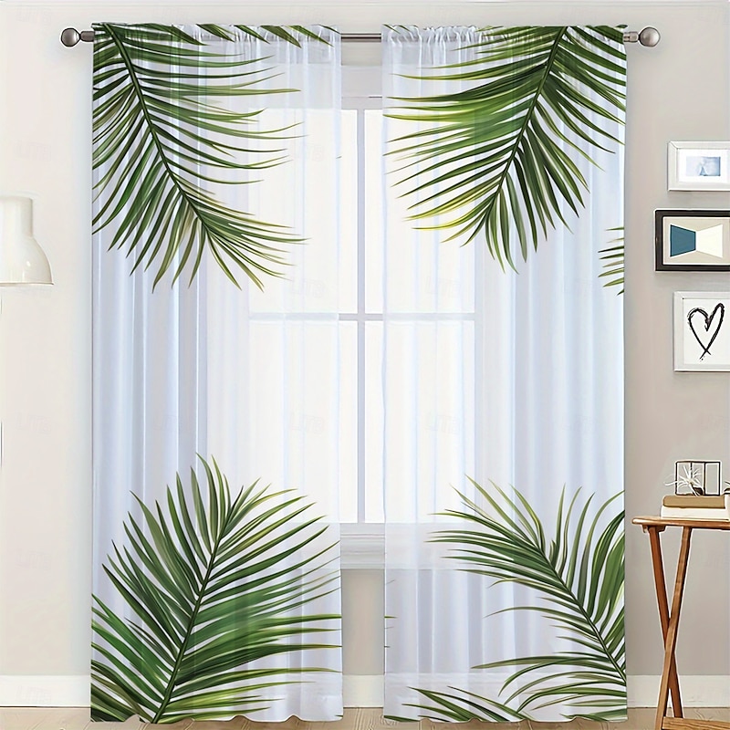2 Pcs Leaf Pattern Sheer Curtains Rod Pocket Window Drapes Window Treatments For Bedroom Living Room Home Decoration Room Decoration2