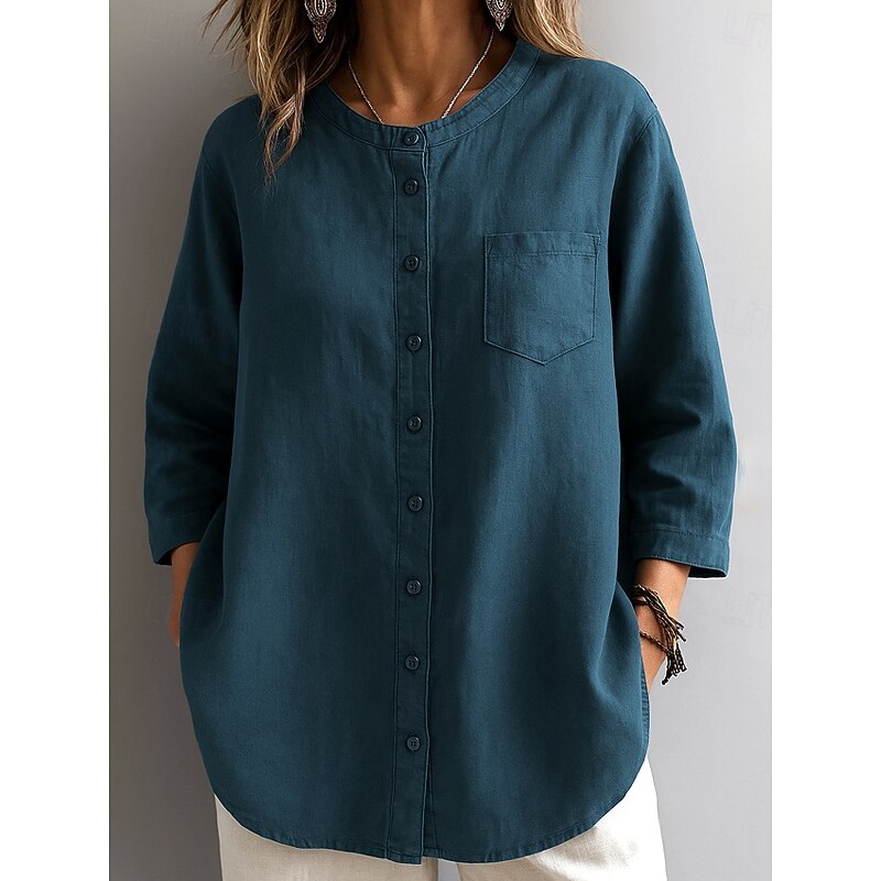 Women's Cotton Shirt Solid Color Elegant Daily Casual 3/4 Length Sleeve High Neck Regular Tops White Navy Blue Blue Beige Spring, Fall, Winter, Summer3