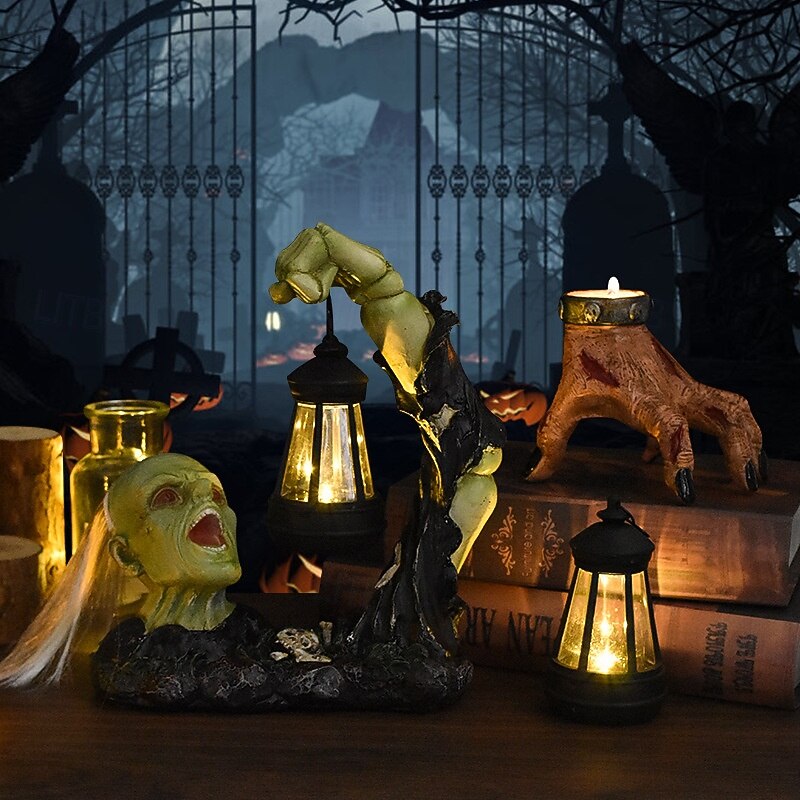 Halloween Lantern Skeleton Zombie Statue, Half Body Resin Figurine with Hexagonal Light, Spooky Outdoor Garden Decoration3