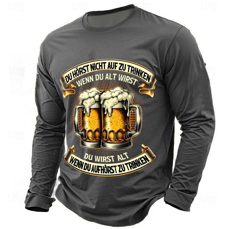 Men's Long Sleeve T-Shirt, Funny Beer Mugs Graphic, German Quote: Don't Stop Drinking, Stay Young2