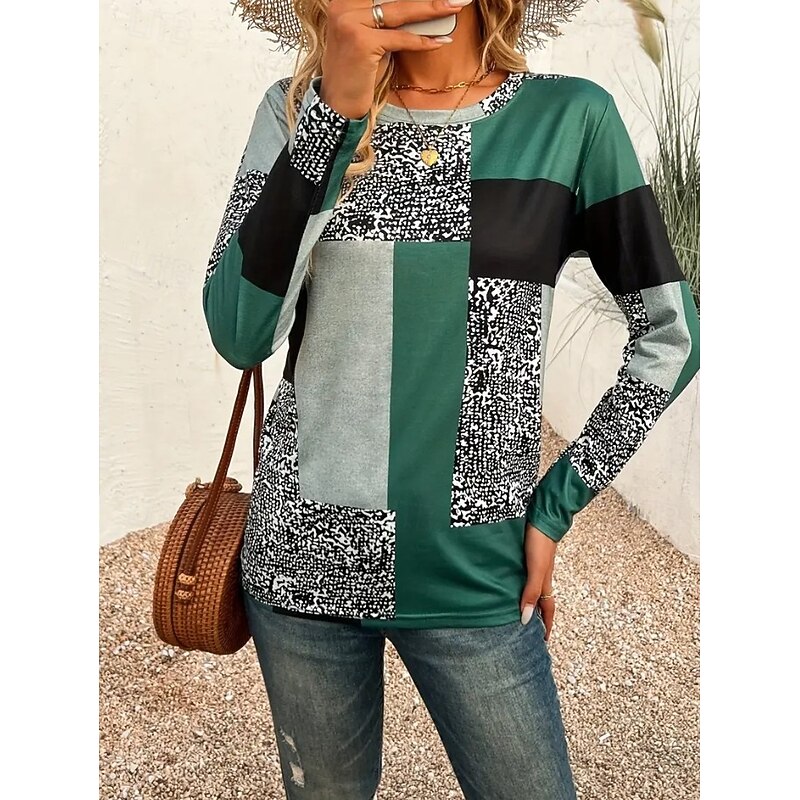 Women's T shirt Long Sleeve Crew Neck Long Sleeve Tunic Graphic Striped Geometry Vintage Stylish Round Neck Regular Tops Daily Print Red Green Gray Fall Prefall4