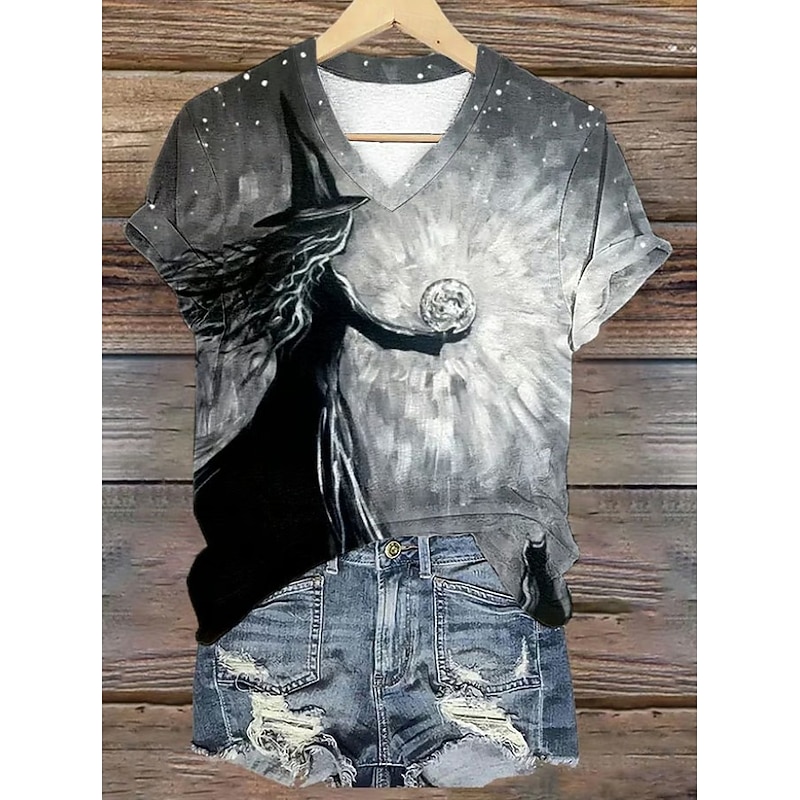 Halloween Women's T shirt Witch Graphic Stylish Casual Funny Short Sleeve V Neck Regular Tops Daily Cute Outfits Date Night Outfits Print Silver Black Brown Green Gray Summer Spring Fall4