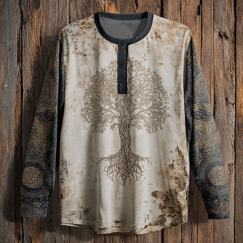 Men's Graphic Tree Henley Shirt Tee Top Long Sleeve Vintage Fashion Cute Casual Holiday Going out Fall Spring &  Fall Khaki Henley Henley T-Shirt
