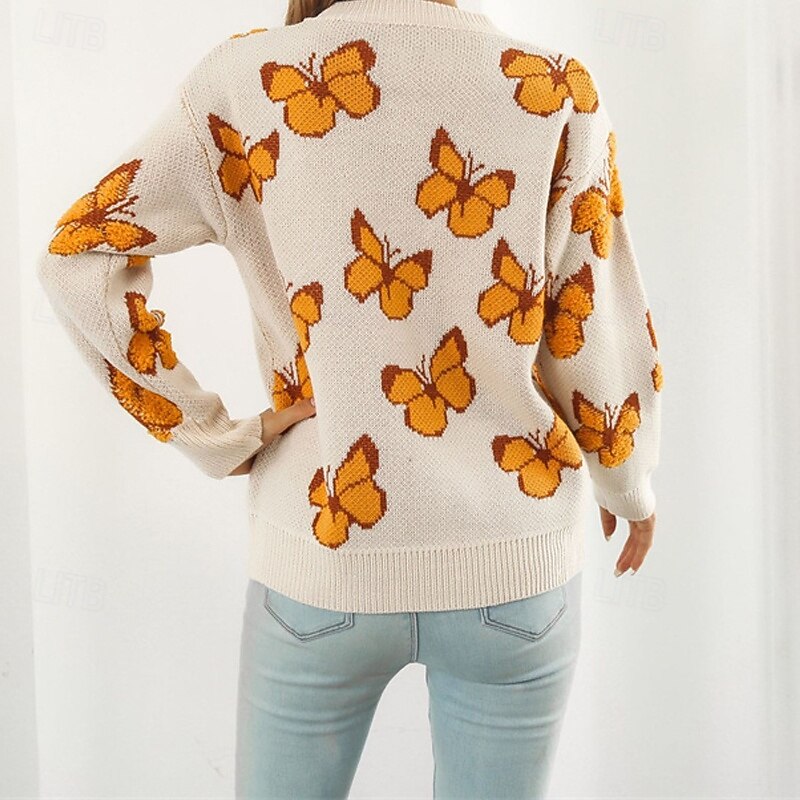 Women's Pullover Casual Butterfly Chunky Crew Neck Knitted Long Sleeve Regular Tops Knit Daily Holiday Going out Yellow Blue Fall Winter3