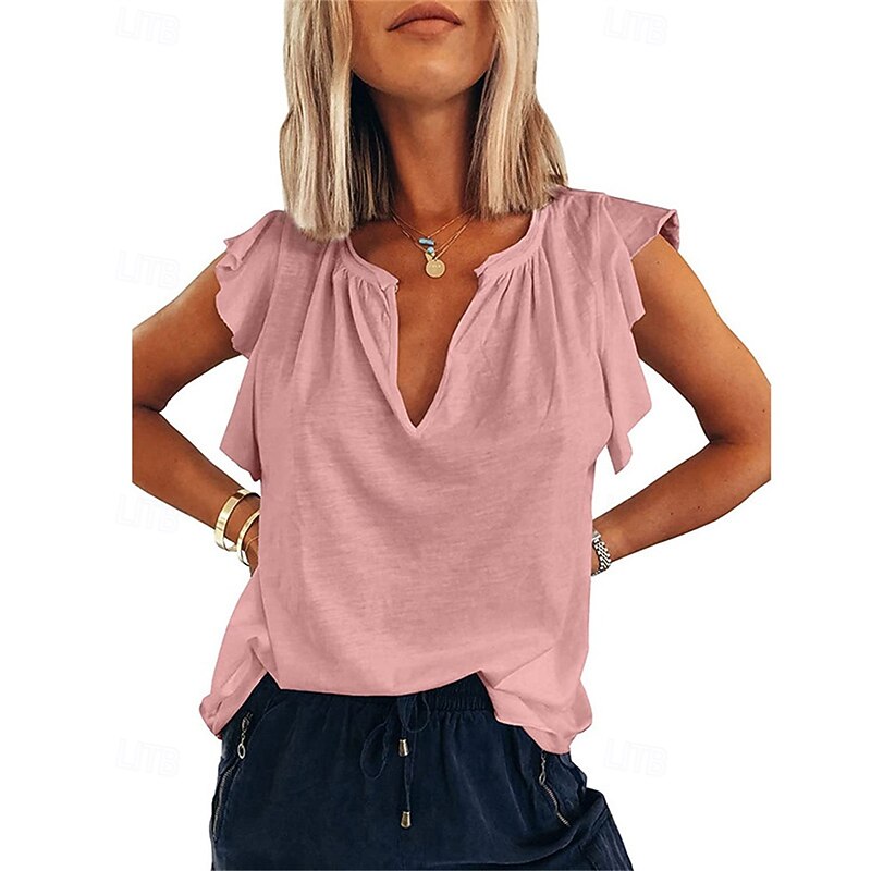 Women's Texture Blouse T Shirt Plain Fashion Modern Short Sleeve V Neck Regular Tops Daily Ruffle White Pink Green Summer3
