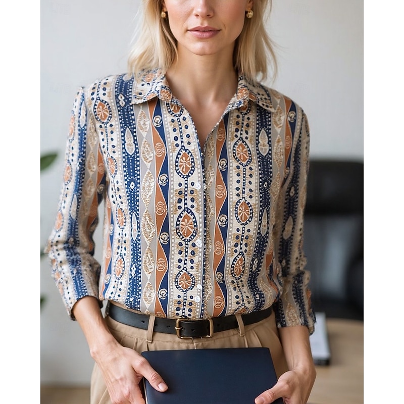 Women's Blouse Dressy Tops Chiffon Tops Graphic Color Block Elegant Daily Stylish Long Sleeve Shirt Collar Regular Tops Work Daily Buttons Print Blue Olive Emerald Green Brown Rainbow Spring, Fall