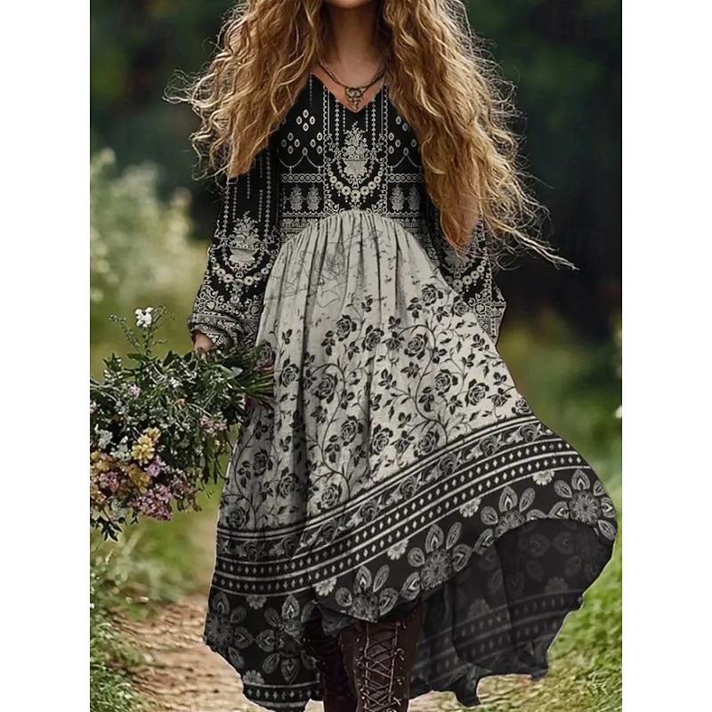 Women's Maxi Dress A Line Dress Vacation Casual Boho Going out Beach Loose Fit Floral Graphic Paisley Long Sleeve V Neck Deep Green Black Wine Red Summer Spring Fall