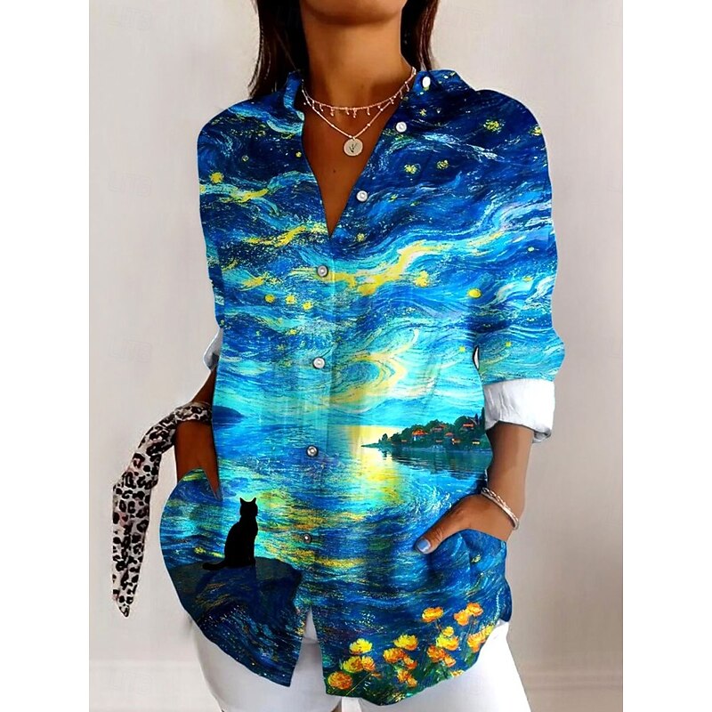 Women's Shirt Button Down Tunic Shirt Collar Long Sleeve Floral Graphic Elegant Vintage Tropical Regular Tops Work Daily s Print Yellow Blue Spring2