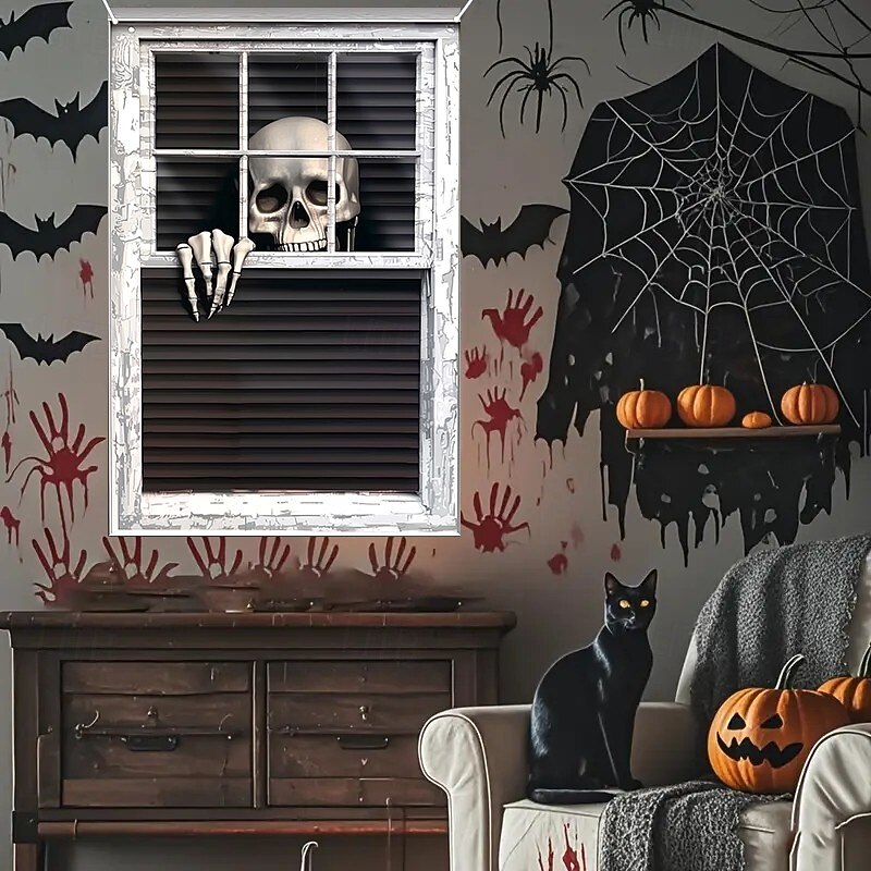 Halloween Window Curtain Skeleton Peeking Through Blinds, Scary Door Cover, Window cover,  Wall Tapestry for 2025 Halloween Spooky Home Decoration3