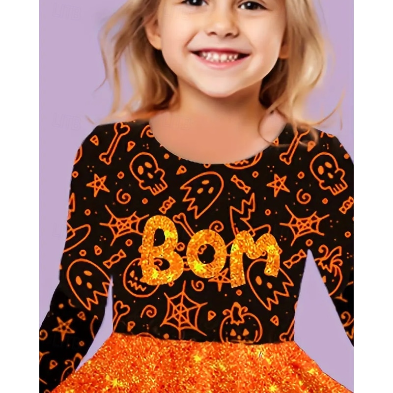 Halloween Girls' 3D Ghost Dress Long Sleeve Summer Spring Vacation Daily Holiday Princess Beautiful Sweet Kids 4-12 Years Casual Dress A Line Dress Knee-length Regular Fit
