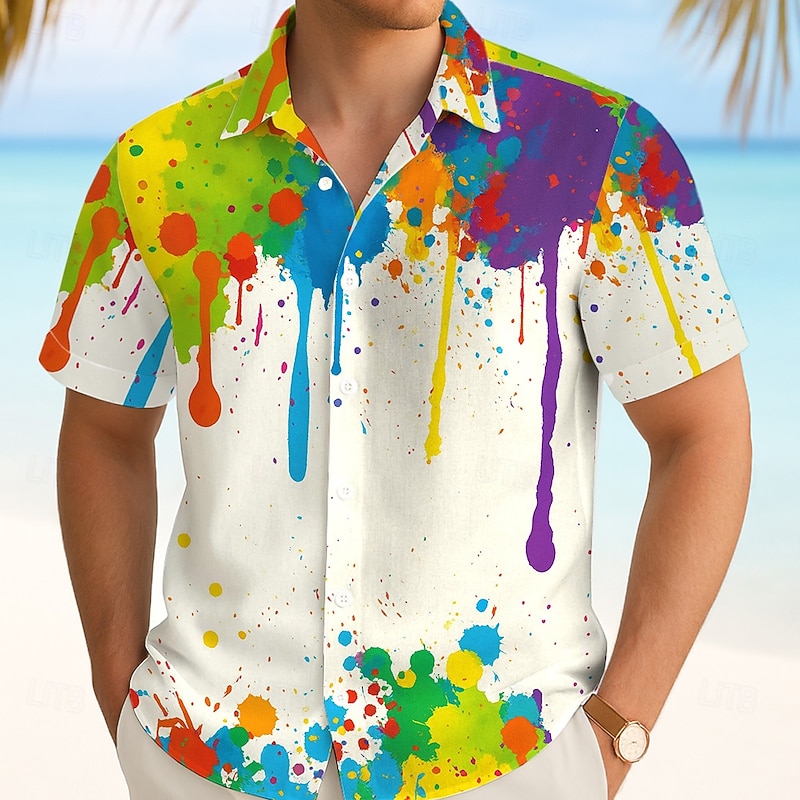Men's Graffiti Splash Ink Shirt Summer Shirt Button Up Shirt Short Sleeve Fashion Casual Outdoor Daily Streetwear Summer Spring Turndown 3D Print Collared Shirts White