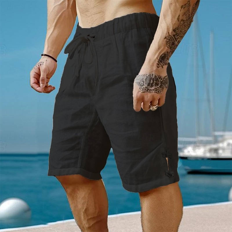 Men's Shorts Linen Shorts Summer Shorts Beach Shorts Drawstring Elastic Waist Plain Breathable Knee Length Yoga Beach Hawaiian Casual Black White2