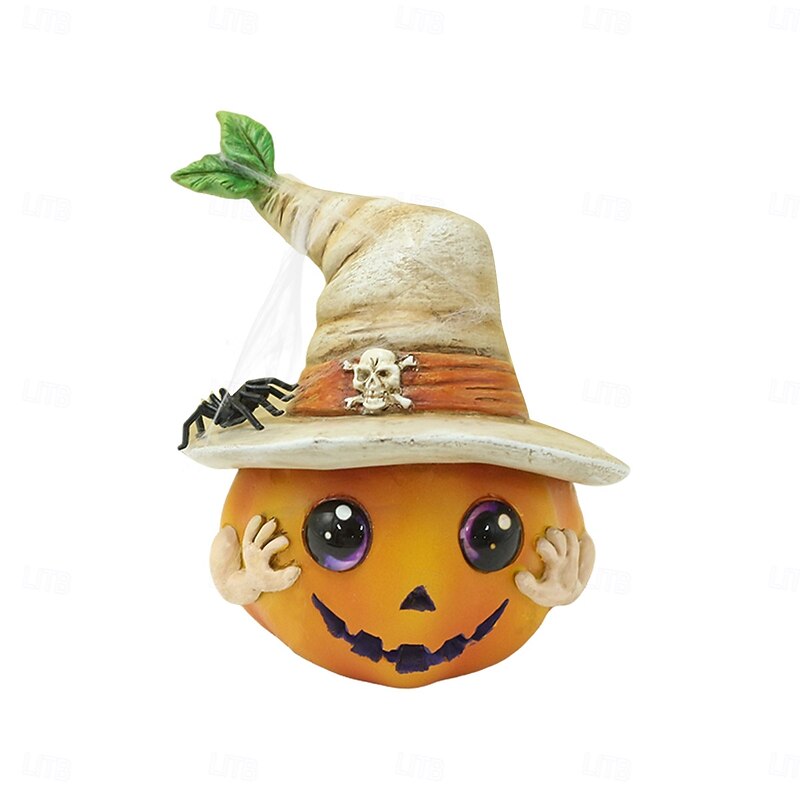 Halloween Pumpkin with Hat Resin Figurine, Outdoor Yard Planter and Indoor Desktop Decoration, Spooky Halloween Home Decor Ornament4