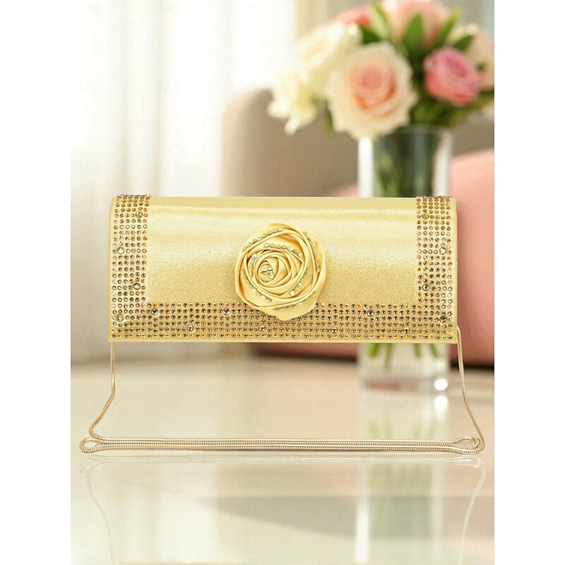 Women's Gold Slingback Heels and Matching Clutch Set - Satin Pointed Toe Shoes and Rhinestones for Formal Events and Elegant Parties3