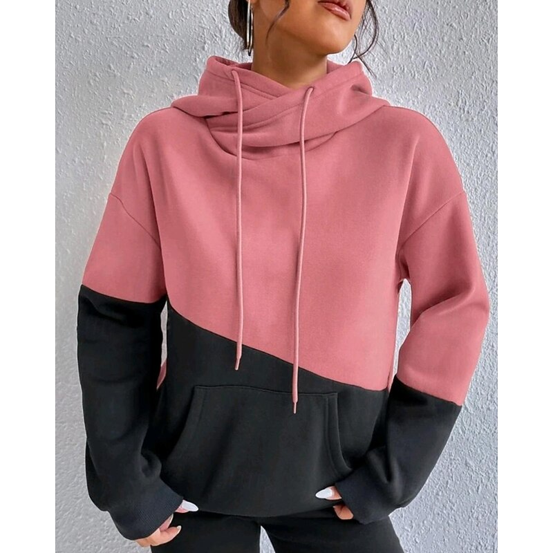 Women's Pullover Hoodie Sweatshirt Color Block Streetwear Casual Long Sleeve Hooded Regular Tops Street Going out Patchwork Pink Green Beige Fall Winter2