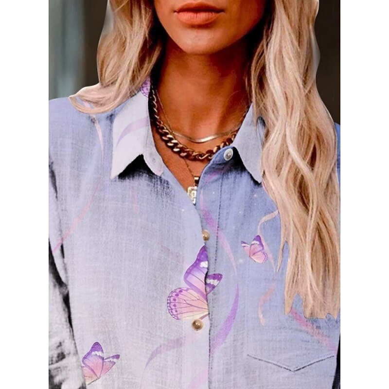 Women's Shirt Butterfly Active Daily Stylish Long Sleeve Shirt Collar Regular Tops Daily Holiday Buttons Print Purple Summer Spring Fall3
