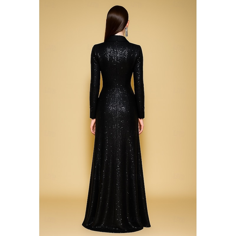 Tuxedo Dress A-Line Formal Wedding Guest Kentucky Derby Sequin Elegant Celebrity Style Long Sleeve Floor Length Lapel3