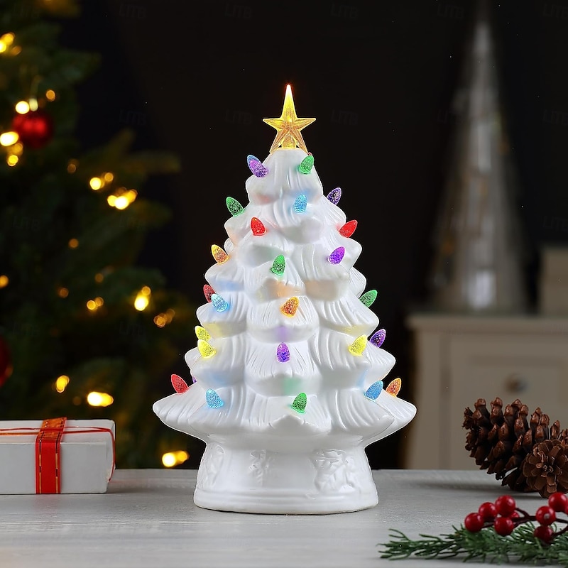 Ceramic Christmas Tree, Lighted Tabletop Santa Claus Christmas Tree with Multicolored Lights and Star, Prelit Battery Operated Vintage Ceramic Tree for Office Table Holiday Decorations2