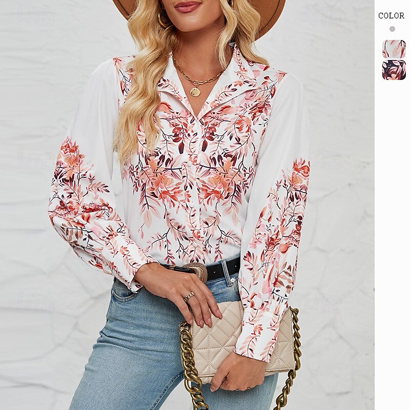 Women's Shirt Button Down Blouse Floral Graphic Elegant Vintage Tropical Long Sleeve Shirt Button Down Blouse Collar Regular Tops Work Daily Holiday Print Red leaves