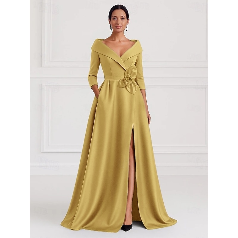 Black Gold A-Line Evening Gown Elegant Gown Formal Wedding Guest Floor Length 3/4 Length Sleeve Shirt Collar Pocket Stretch Satin with Shouder Flower