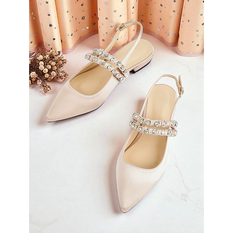 Women's Pointed Toe Satin Slingback Flats - Rhinestone Strap Elegant Shoes for Cocktail Parties and Evening Events3