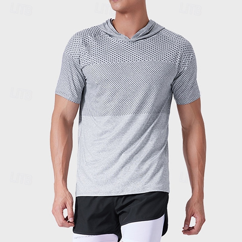 Men's Performance Shirt Sport Tee Shirt Short Sleeve Hoodie Top Outdoor Quick Dry Sweat wicking anti-odor Breathable Polyester Patchwork Dark Grey Blue Light Grey Fishing Tennis Running