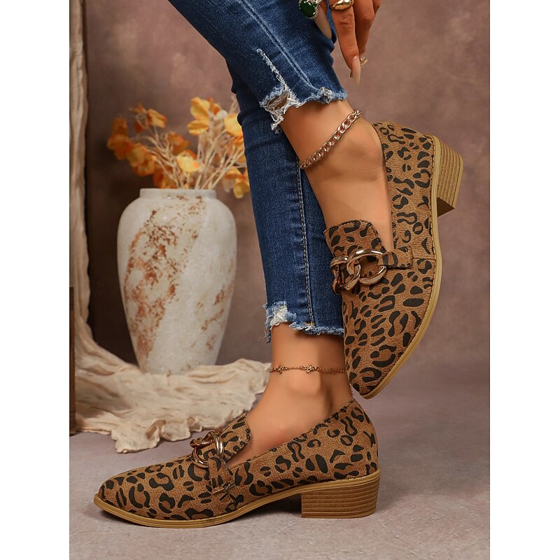 Leopard Print Faux Suede Loafers for Women – Chic Slip-On Shoes with Gold Chain Detail and Block Heel, Stylish Casual Footwear2