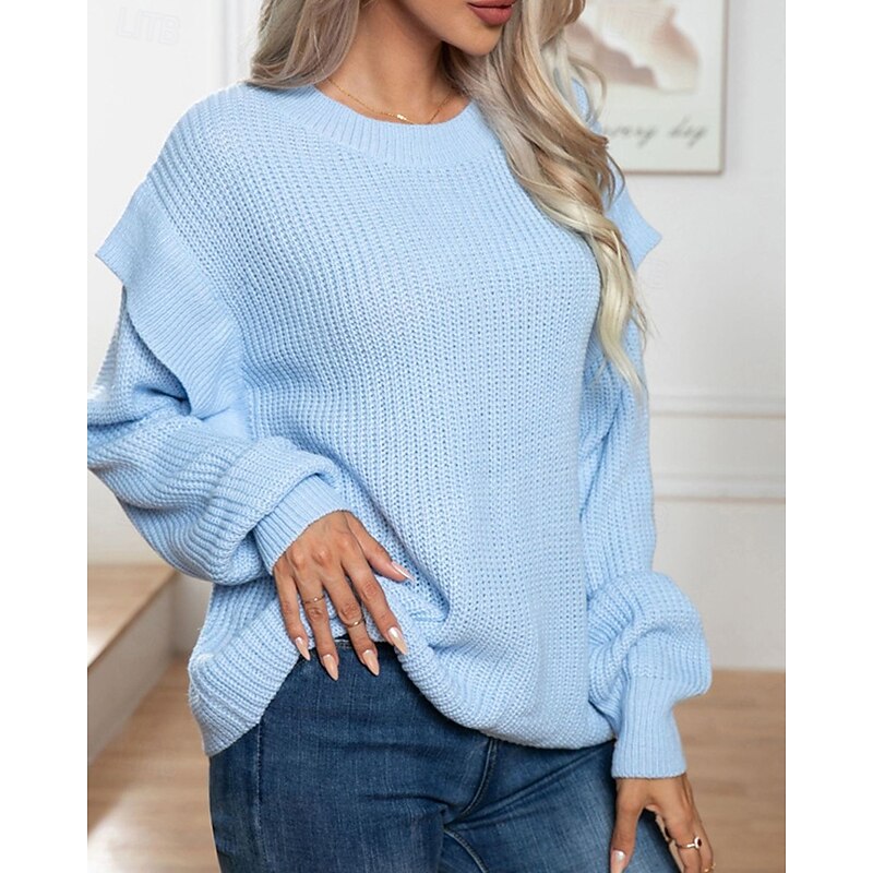 Women's Pullover Casual Solid Color Chunky Crew Neck Knitted Long Sleeve Regular Tops Knit Daily Holiday Going out Pink Blue Fall Winter3