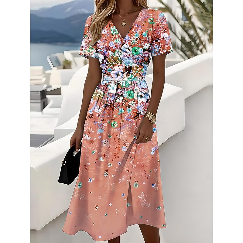 Easter Women's Elegant Midi Dress A Line Dress Wrap Dress V Neck Short Sleeve Going out Regular Fit Floral Graphic Blue Purple Orange Green4