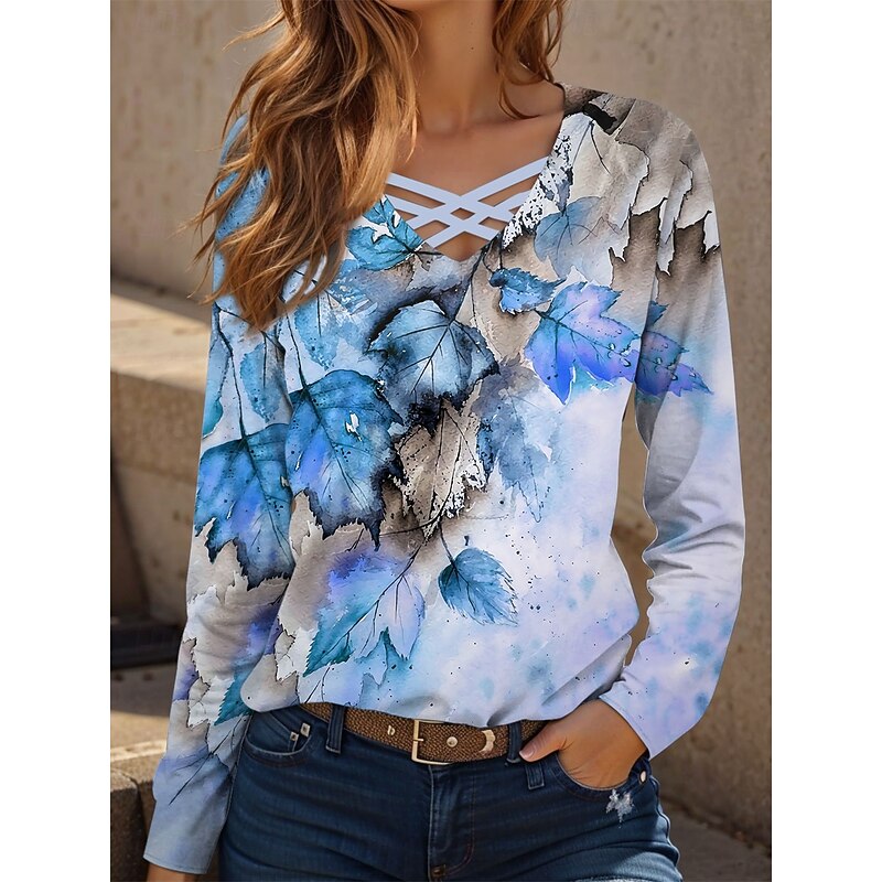 Women's T Shirt Floral Graphic Vintage Stylish Classic Long Sleeve V Neck Regular Tops Daily Cut Out Print Yellow Blue Green Spring Fall2