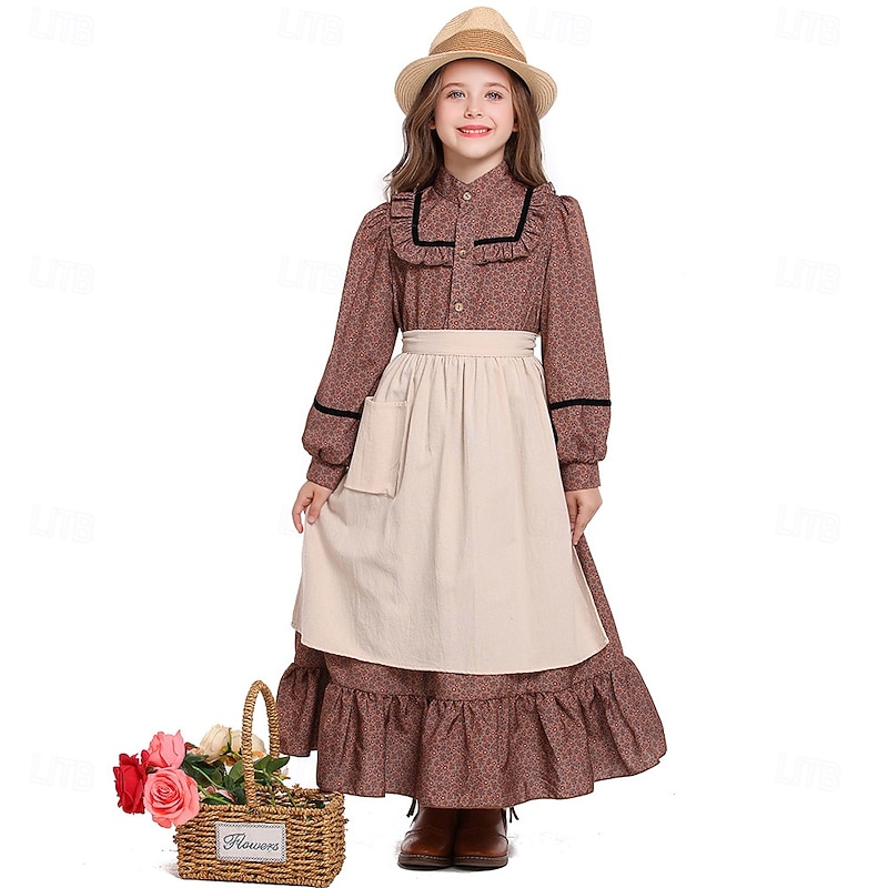 19th Century 1800s Old West Prairie Dress Pioneer Fancy Dress Girls' Halloween Carnival World Book Day School Event Dress Up Historical reenactment Kid's Dress Apron
