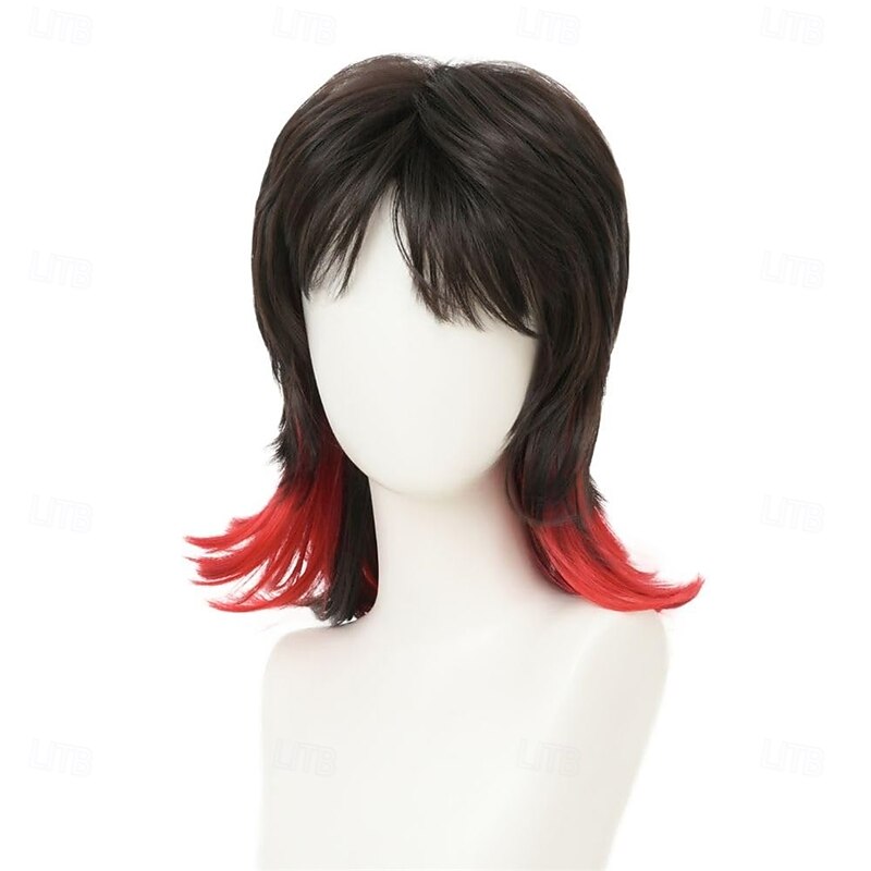 Black Red Mullet Wig for Women Shoulder Length Layered Shaggy Wig with Bangs Synthetic Full Wigs for Cosplay Daily Party Use2
