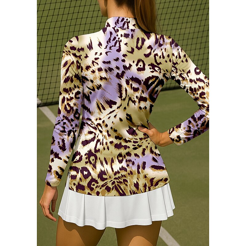 Women's Leopard Sport Shirt Golf Polo Shirt Tennis Shirt Tennis Top Long Sleeve Zipper Floral UPF50+ UV Resistant High Elasticity Moisture Wicking Breathable Tennis Golf Pickleball Stand Collar Zip2