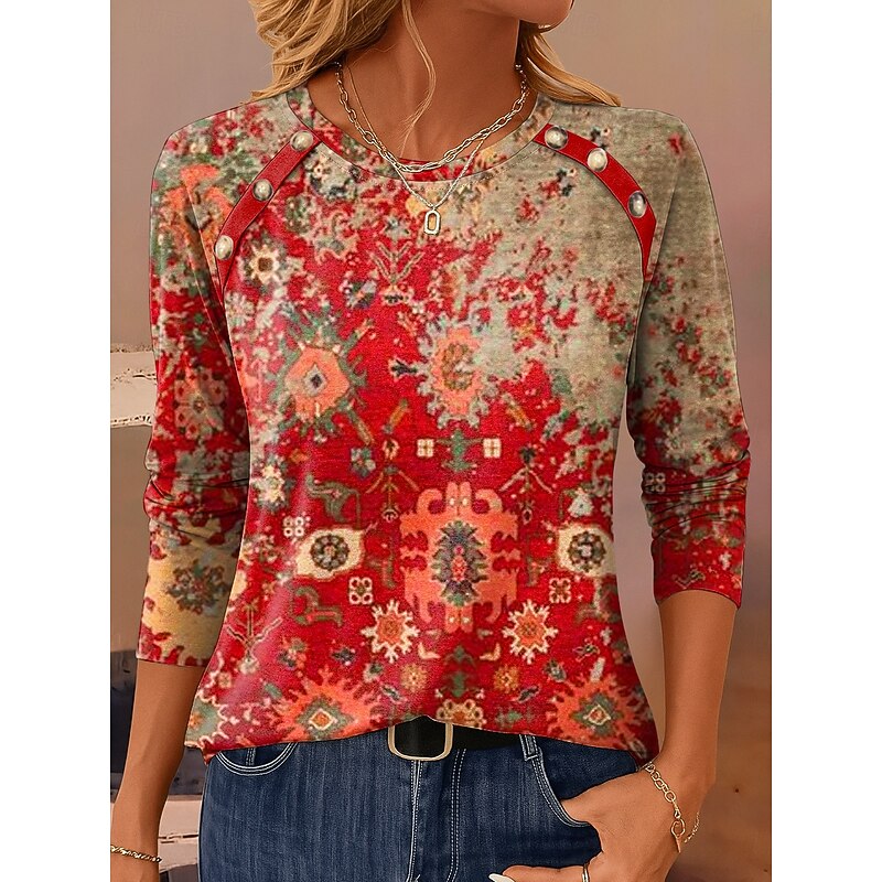 Women's T Shirt Graphic Geometric Vintage Casual Long Sleeve Crew Neck Regular Tops Daily Buttons Print Wine Red Blue Spring Fall Winter3
