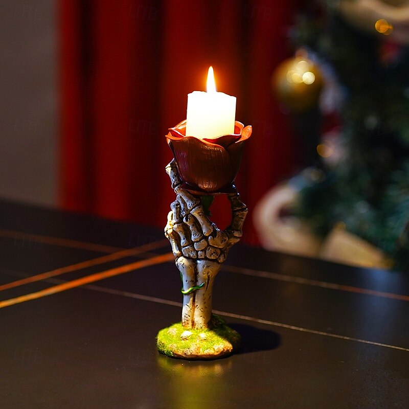 Halloween Statue Creative Forever Love Theme Skull Hand Holding Rose Candle Holder Romantic Gothic Decoration Spooky Tabletop Ornament Unique Home Decor for Halloween Party3