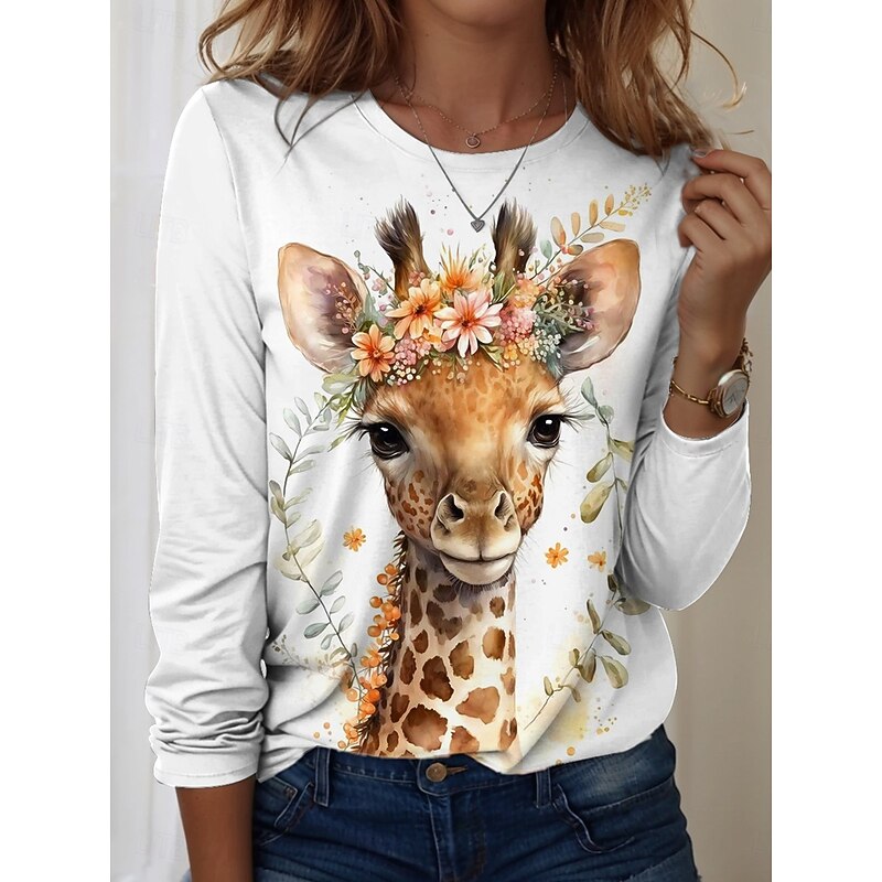 Women's T shirt Crew Neck Long Sleeve Tunic Graphic Animal Giraffe Vintage Stylish Modern  Regular Tops Daily Weekend Print Yellow Light Brown Blue Brown Green Fall4