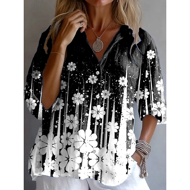 Women's Shirt Button Down Tunic Shirt Collar Long Sleeve Ombre Floral Graphic Vintage Tropical Daily Regular Tops Work Daily Holiday s Print Black And White Spring Fall