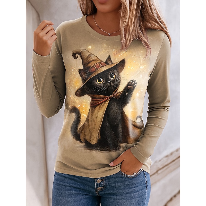 Halloween Women's T shirt Black Cat Crew Neck Long Sleeve Tunic Graphic Cat Vintage Stylish Classic Regular Tops Daily Print Blue Purple Green Khaki Spring Fall - Main Image