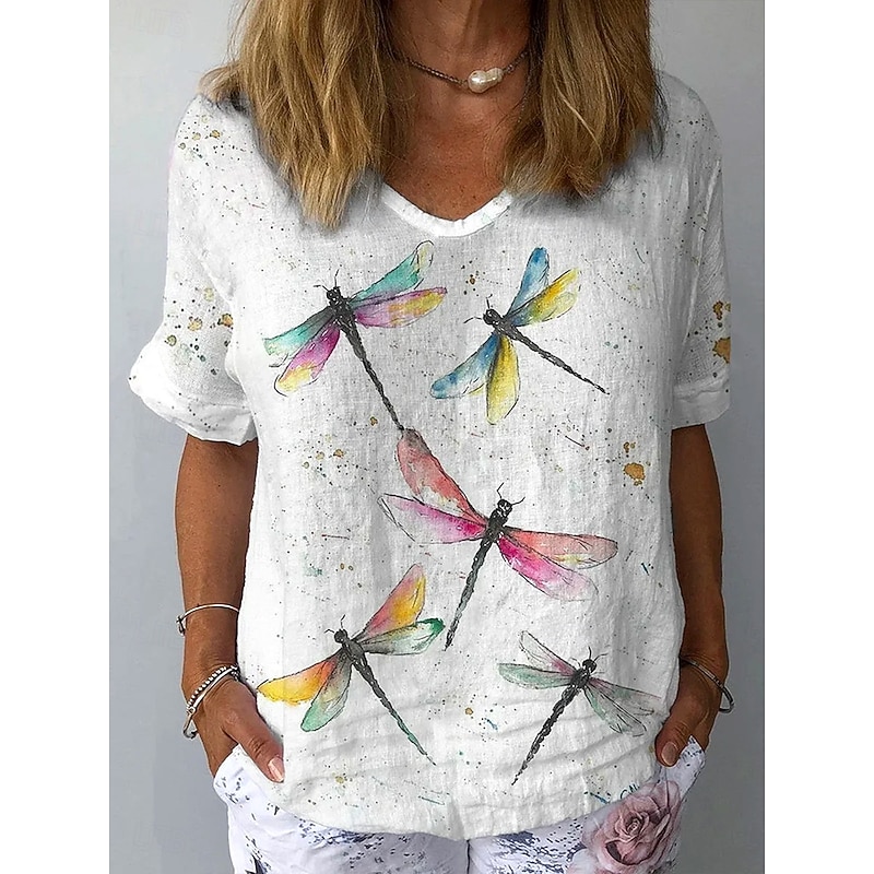 Women's T Shirt Graphic Dragonfly Vintage Stylish Classic Short Sleeve V Neck Regular Tops Daily Weekend Vacation Wear Print White Summer Spring Fall